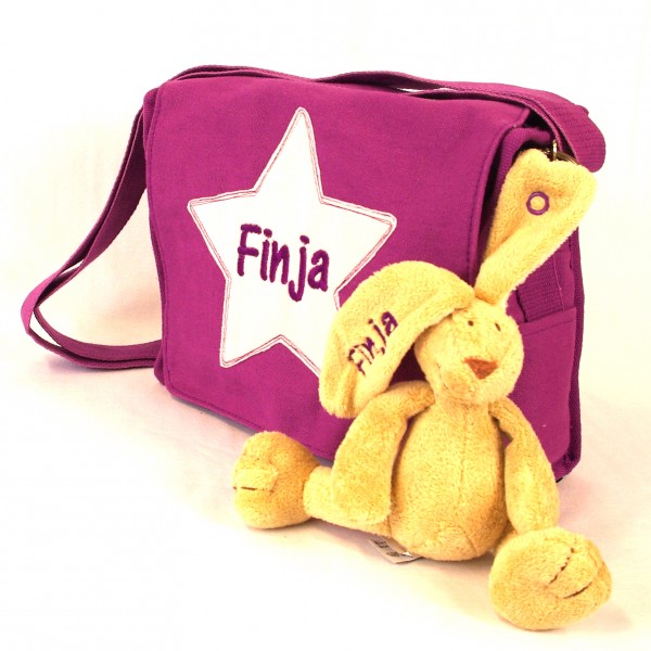 Schultertasche mit Sternapplikation und Name mit Minihase (Modell Finja)