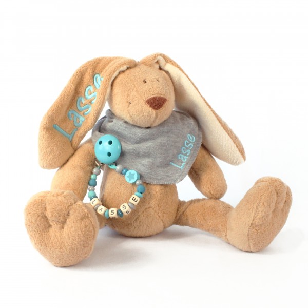 Klassikset: Hase, Halstuch und Schnullerkette mit Wunschname (Modell Lasse)