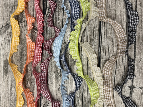 Restposten 10 m Elastisches Volant Rüschenband Vichykaro bunt geischt