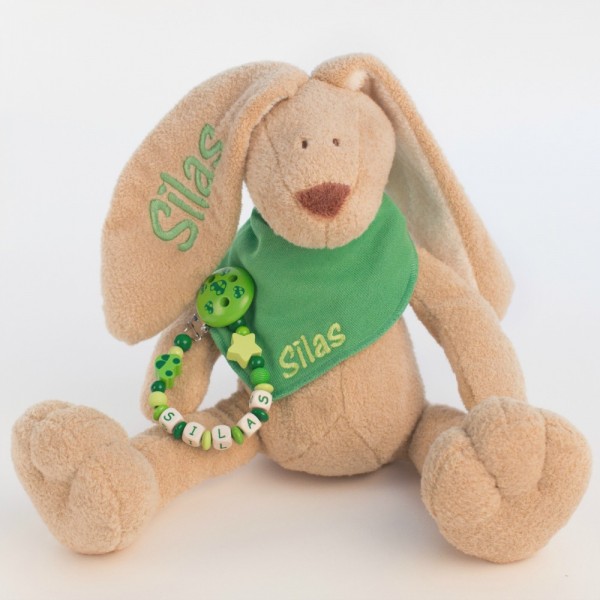 Klassikset: Hase, Halstuch und Schnullerkette mit Wunschname (Modell Silas)