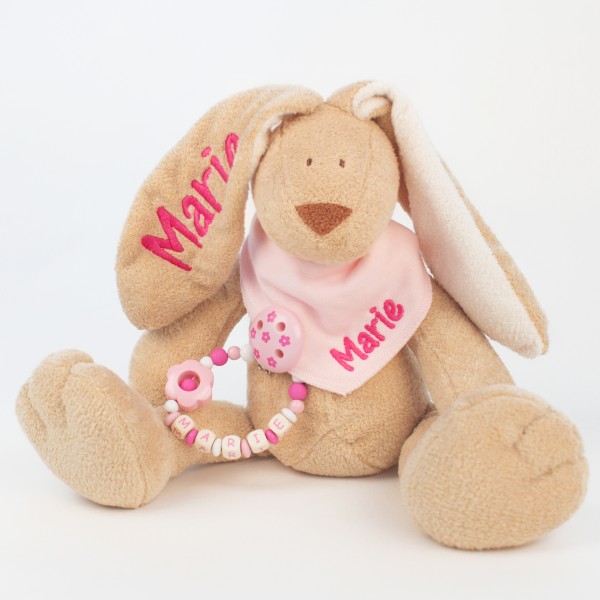 Klassikset: Hase, Halstuch und Schnullerkette mit Wunschname (Modell Marie)