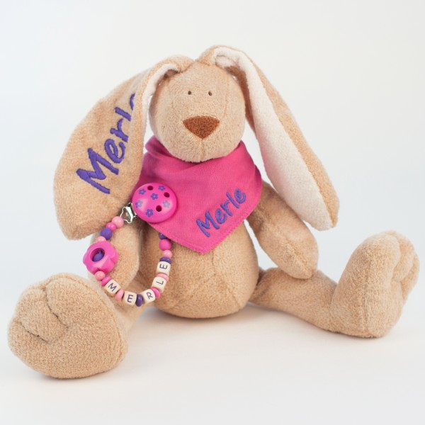 DEAL Klassikset: Hase, Halstuch und Schnullerkette mit Wunschname (Modell Merle)