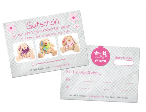 Gutschein für ein Lieblingshäschen mit Halstuch und Schnullerkette