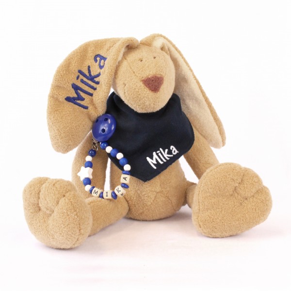 DEAL Klassikset: Hase, Halstuch und Schnullerkette mit Wunschname (Modell Mika)