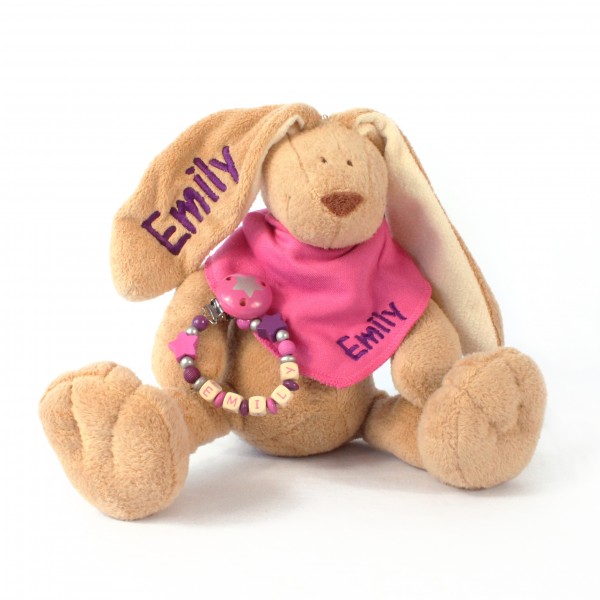 Klassikset: Hase, Halstuch und Schnullerkette mit Wunschname (Modell Emily)