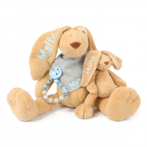 DEAL Klassikset+ : Hase, Halstuch, Schnullerkette, Minihase mit Wunschname (Modell Malte)