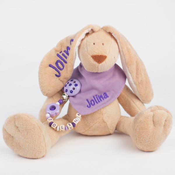 DEAL Klassikset: Hase, Halstuch und Schnullerkette mit Wunschname (Modell Jolina)