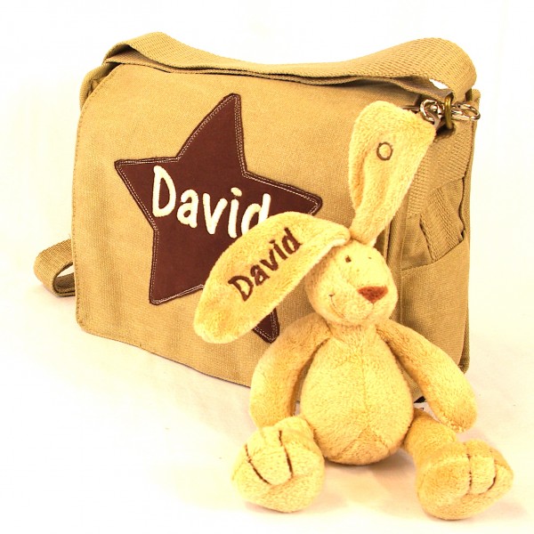 Schultertasche mit Sternapplikation und Name mit Minihase (Modell David)