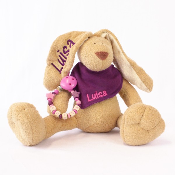 DEAL Klassikset: Hase, Halstuch und Schnullerkette mit Wunschname (Modell Luisa)