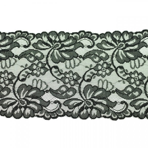 Hochwertige, elastische Spitzenbordüre Blumen schwarz (ca. 15 cm breit)