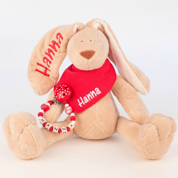 DEAL Klassikset: Hase, Halstuch und Schnullerkette mit Wunschname (Modell Hanna)