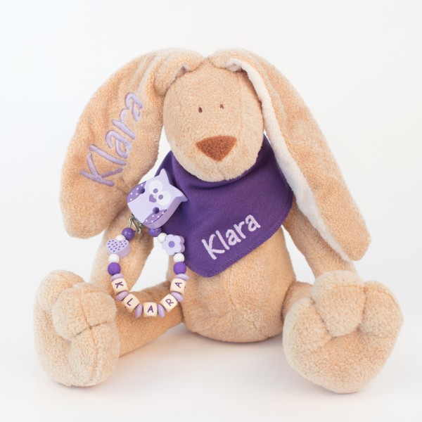 DEAL Klassikset: Hase, Halstuch und Schnullerkette mit Wunschname (Modell Klara)