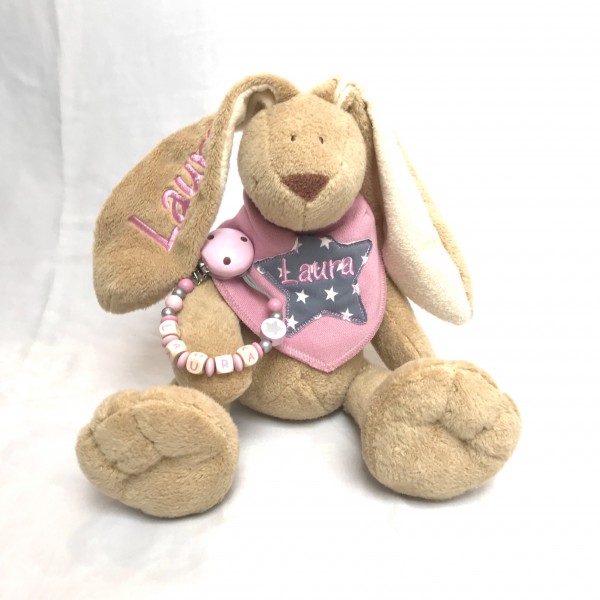 Klassikset: Hase, Sternchen-Halstuch und Schnullerkette mit Wunschname (Modell Laura)