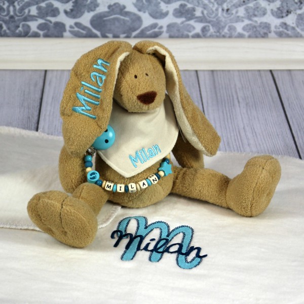 Exklusivset: Hase, Halstuch, Schnullerkette und Decke mit Wunschname (Modell Milan)