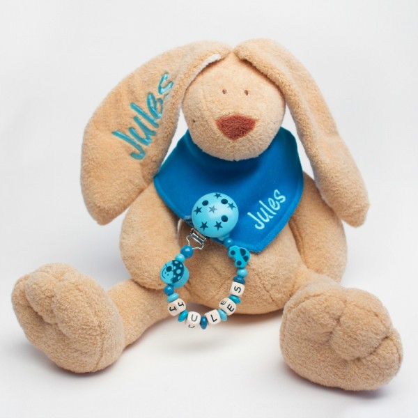 DEAL Klassikset: Hase, Halstuch und Schnullerkette mit Wunschname (Modell Jules)