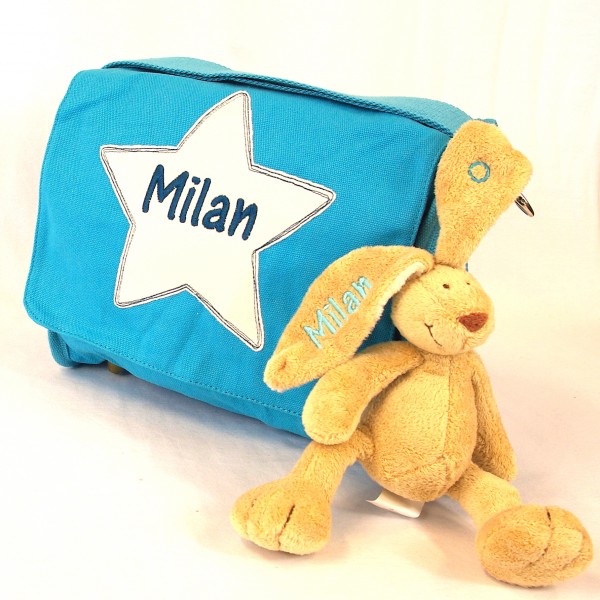 Schultertasche mit Sternapplikation und Name mit Minihase (Modell Milan)