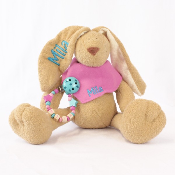 DEAL Klassikset: Hase, Halstuch und Schnullerkette mit Wunschname (Modell Mila)