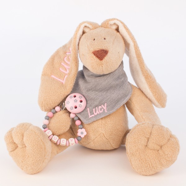DEAL Klassikset: Hase, Halstuch und Schnullerkette mit Wunschname (Modell Lucy)