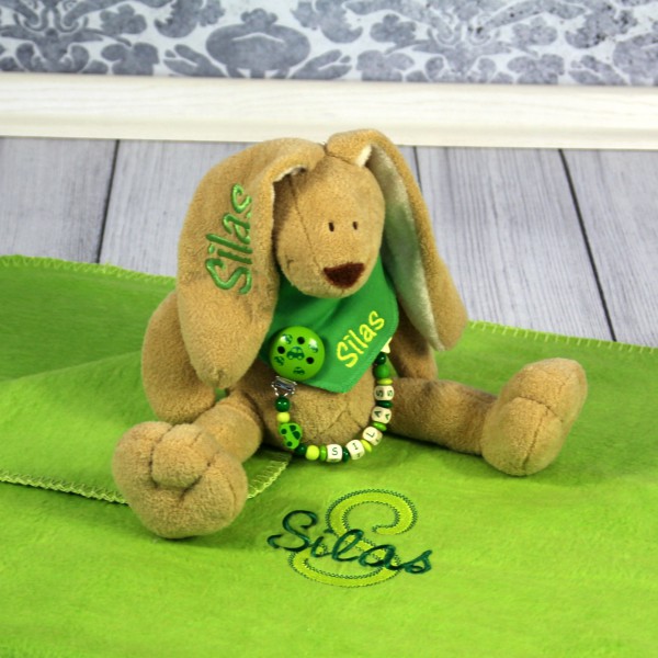 Exklusivset: Hase, Halstuch, Schnullerkette und Decke mit Wunschname (Modell Silas)