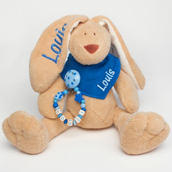 DEAL Klassikset: Hase, Halstuch und Schnullerkette mit Wunschname (Modell Louis)