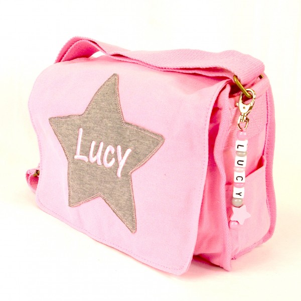 Schultertasche mit Sternapplikation und Name mit Taschenanhänger rosa (Modell Lucy)