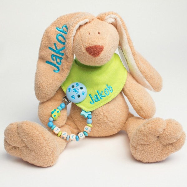Klassikset: Hase, Halstuch und Schnullerkette mit Wunschname (Modell Jakob)