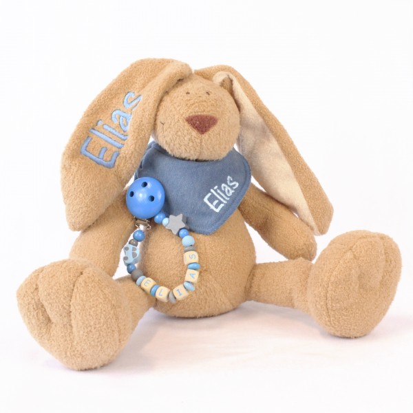 DEAL Klassikset: Hase, Halstuch und Schnullerkette mit Wunschname (Modell Elias)