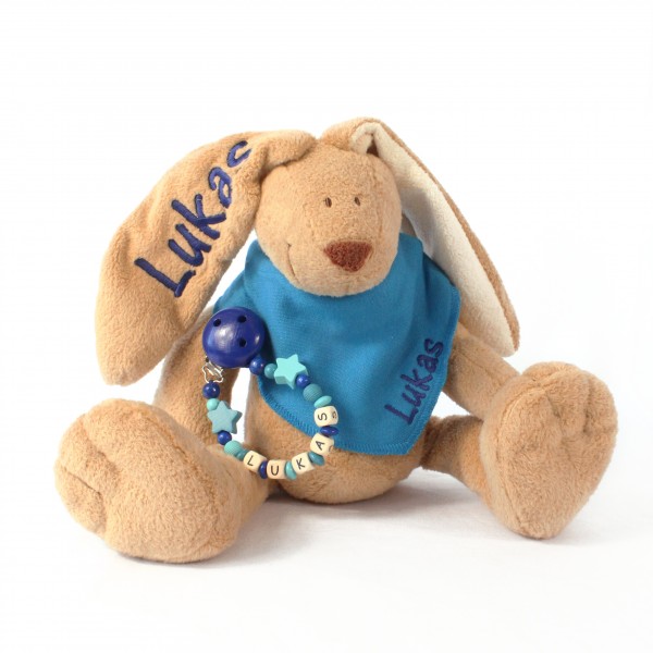DEAL Klassikset: Hase, Halstuch und Schnullerkette mit Wunschname (Modell Lukas)