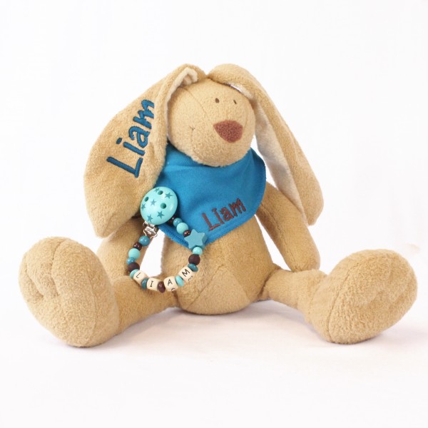 DEAL Klassikset: Hase, Halstuch und Schnullerkette mit Wunschname (Modell Liam)