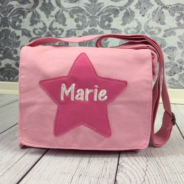 Schultertasche mit Sternapplikation und Name rosa (Modell Marie)