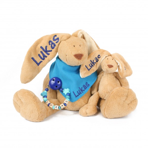 Klassikset+: Hase, Halstuch, Schnullerkette, Minihase mit Wunschname (Modell Lukas)