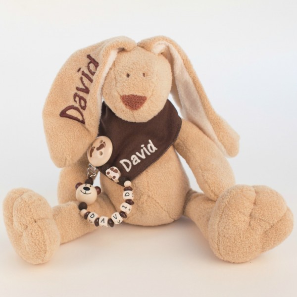 DEAL Klassikset: Hase, Halstuch und Schnullerkette mit Wunschname (Modell David)